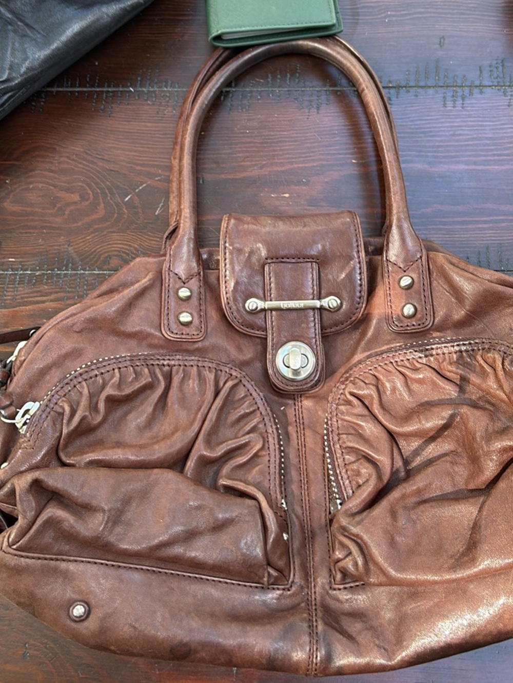 Botkier Brown Leather Shoulder Bag with Front Gathered Pockets